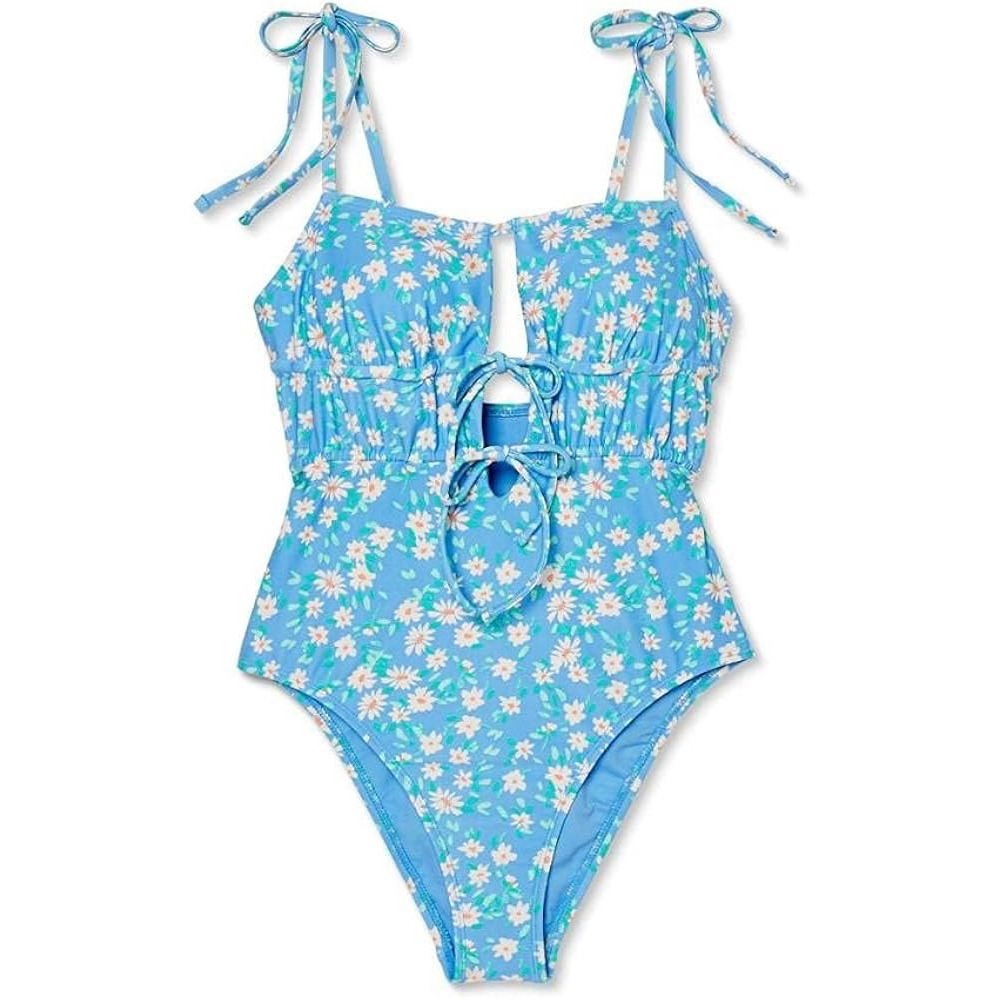Xhileration Floral One Piece Swimsuit‎ Tie Straps Blue Swimwear Cute Summer  S